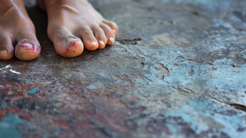 Closeup of Weathered Barefoot Human Feet on Rough Ground