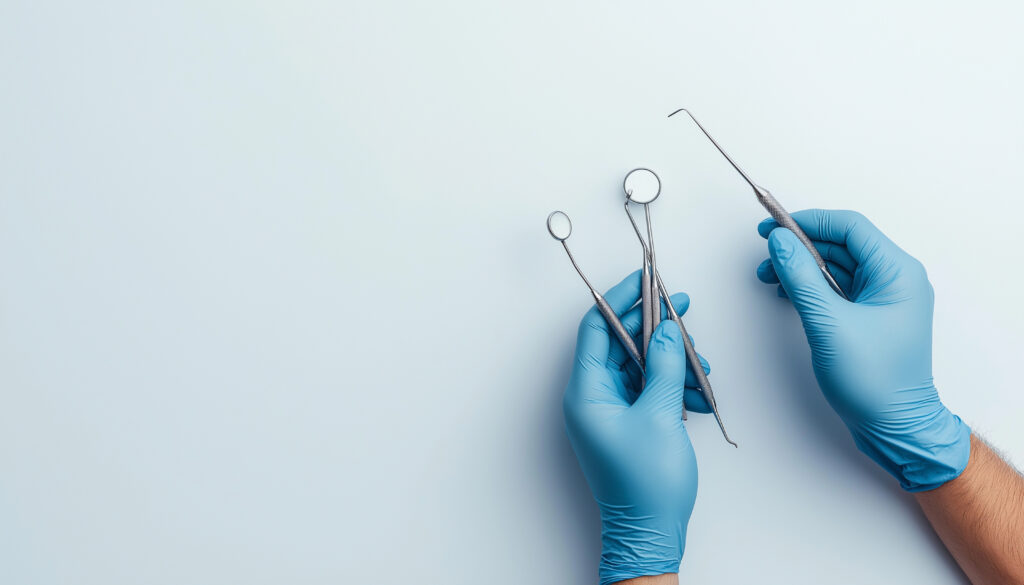 Dentists hand in blue gloves holding dental tools on a light background with copy space for text